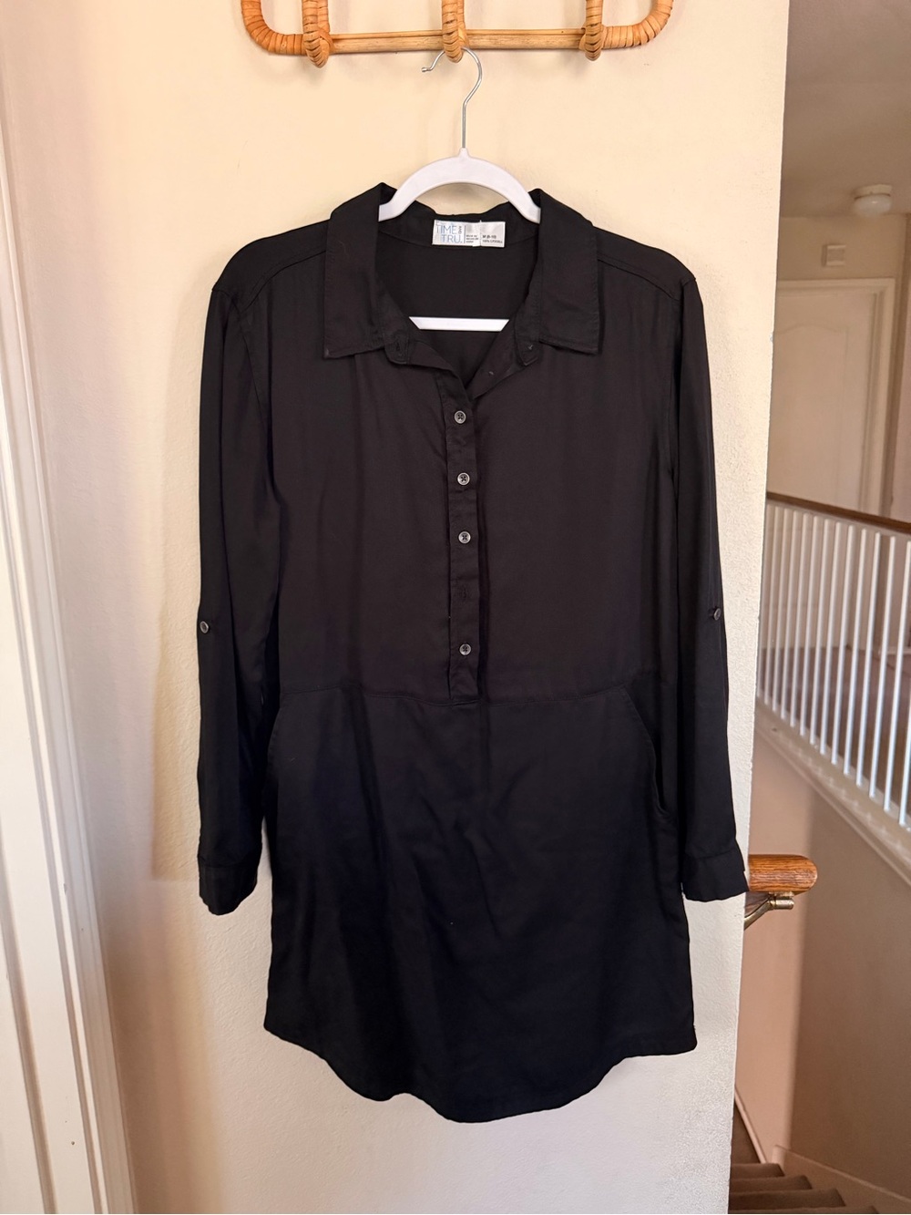 Time and Tru Black Button-Front Long-Sleeve Tunic
